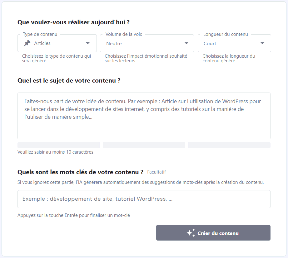 L'interface du Créateur de contenu IA de Hostinger avec un exemple d'invite.