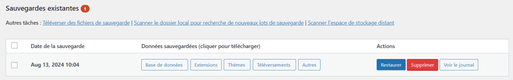 Le bouton de restauration dans le menu Sauvegarde existante sur UpdraftPlus.