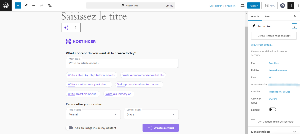 
Le bloc Créateur de contenu IA de Hostinger sur l'interface de l'éditeur d'articles de WordPress.