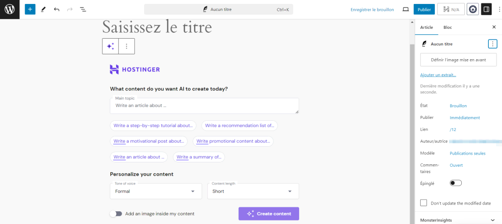 
Le bloc Créateur de contenu IA de Hostinger sur l'interface de l'éditeur d'articles de WordPress.