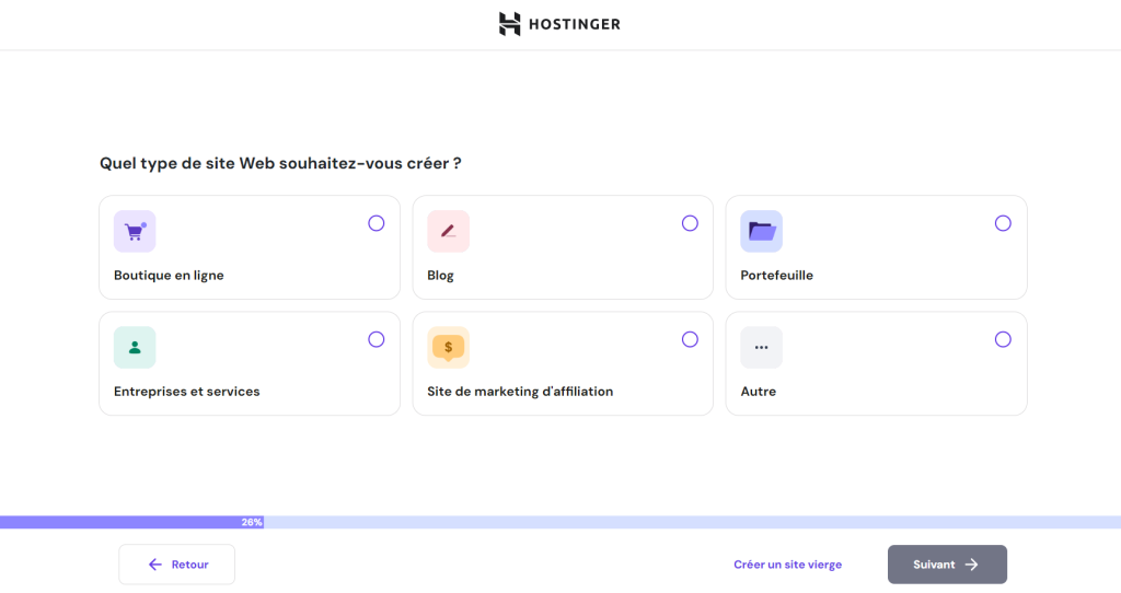 Le type de site web affilié sélectionné lors de l'onboarding hPanel de Hostinger.