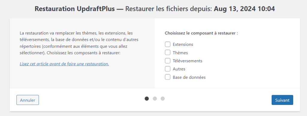 La page de restauration d'UpdraftPlus, demandant de choisir le composant site web à restaurer.