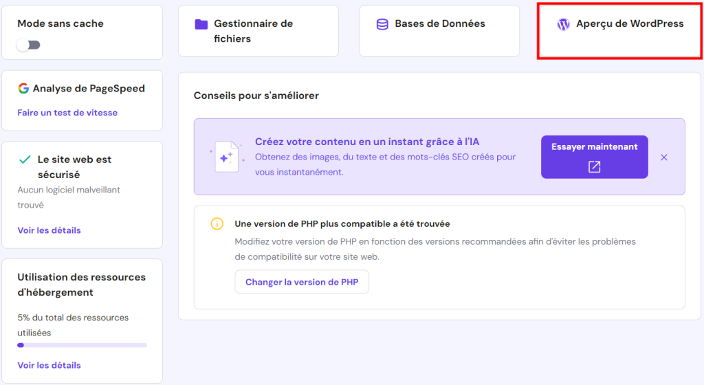 Le bouton Aperçu de WordPress mis en évidence sur le tableau de bord hPanel de Hostinger