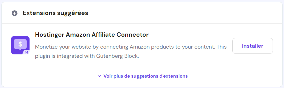 Le bouton d'installation de l'extension Hostinger Amazon Affiliate Connector mis en évidence sur hPanel