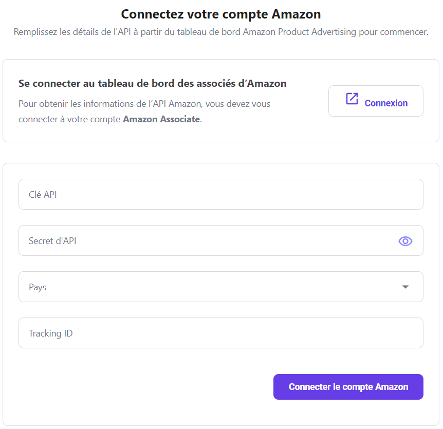 Les champs de données de « Connectez votre compte Amazon “ sur l'extension ” Amazon Affiliate Connector » de Hostinger.