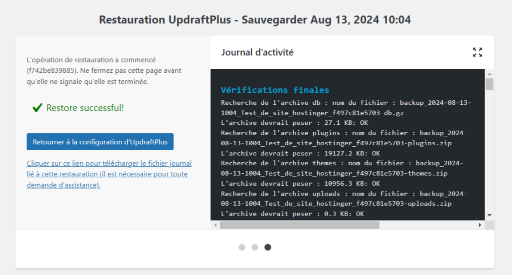 La page Restore Successful de l'extension UpdraftPlus.