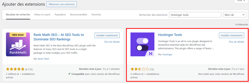 L'extension outils Hostinger pour WordPress est mise en évidence sur la page officielle de WordPress.