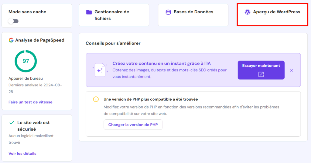 Le bouton d'aperçu de WordPress dans le tableau de bord hPanel est mis en évidence