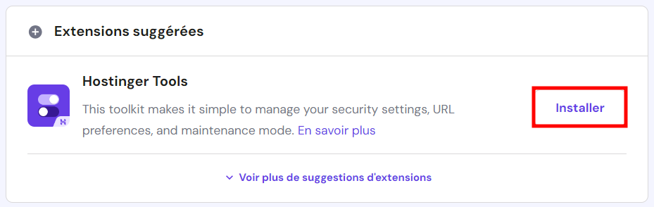 Le bouton d'installation de l'extension outils Hostinger dans le tableau de bord hPanel est mis en évidence.