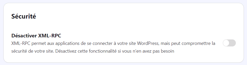 Le paramètre de désactivation de XML-RPC dans l'extension outils extensions Hostinger