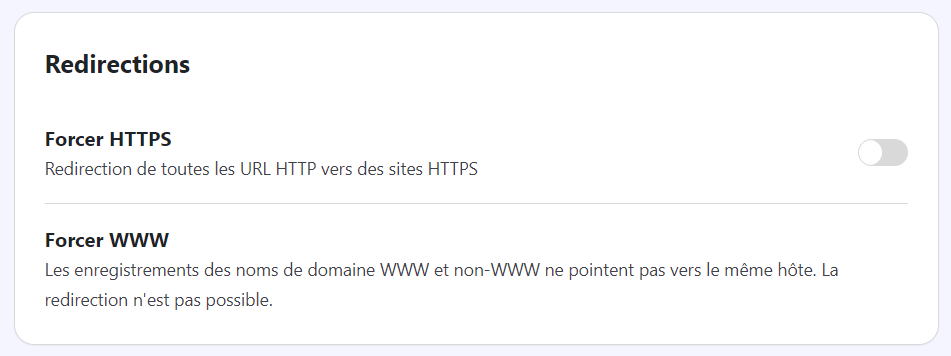 Les paramètres Force HTTPS et WWW dans l'extension outils Hostinger extensions