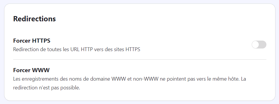 Les paramètres Force HTTPS et WWW dans l'extension outils Hostinger extensions