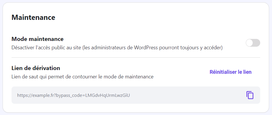 Le réglage du mode de maintenance dans le tableau de bord de l'extension outils Hostinger