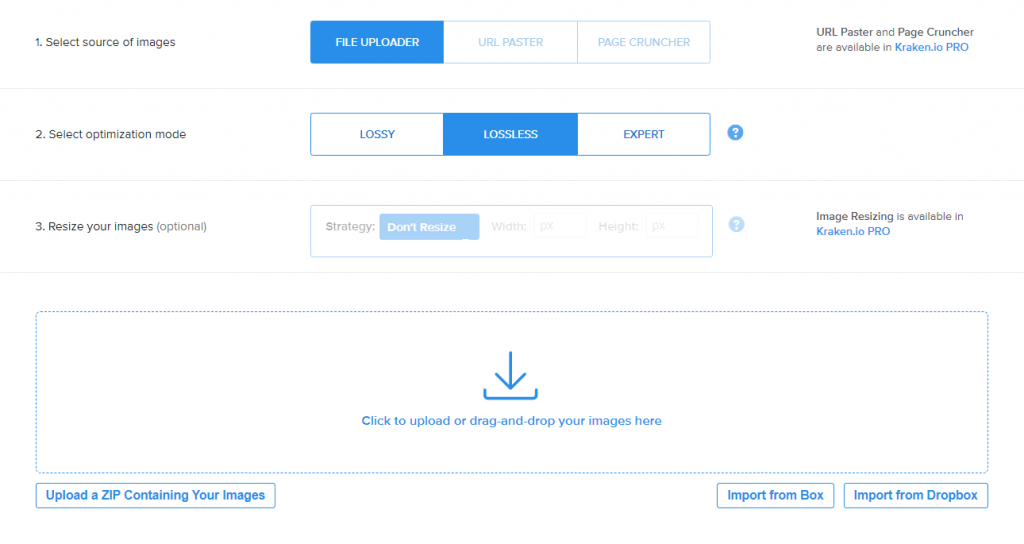 Interface de compression d'image de Kraken.io