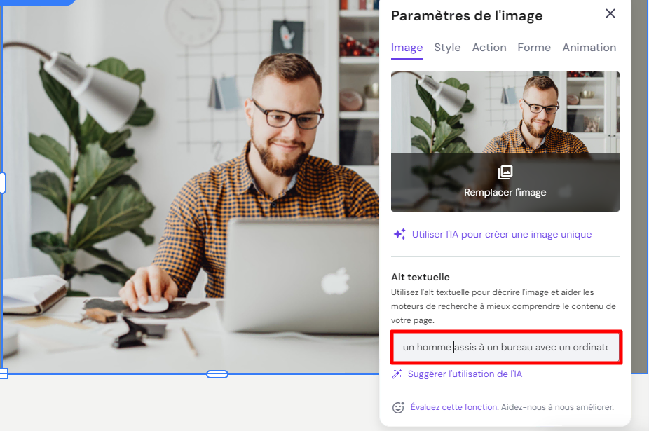 Le champ de texte Alt dans les paramètres d'image du Créateur de site Web Hostinger 