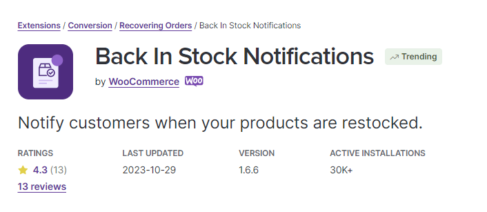 Détails de l'extension WooCommerce Back In Stock Notifications