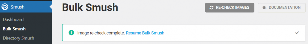 Le bouton Reprendre Bulk Smush à côté de la notification de re-vérification d'image terminée 