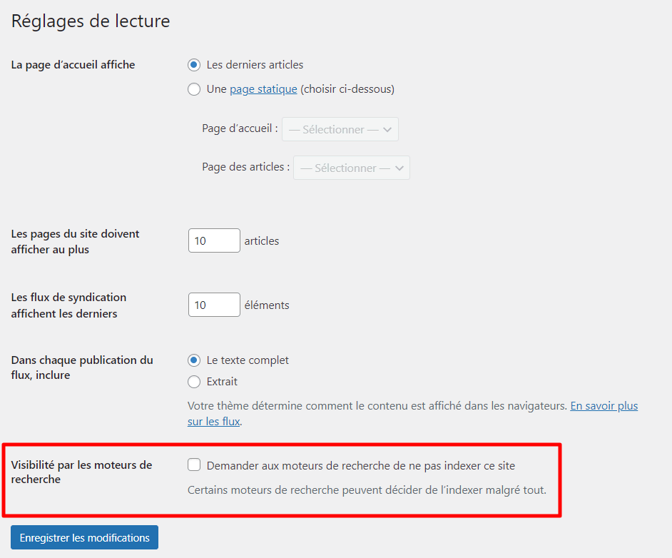 Les réglages de lecture dans le tableau de bord de WordPress