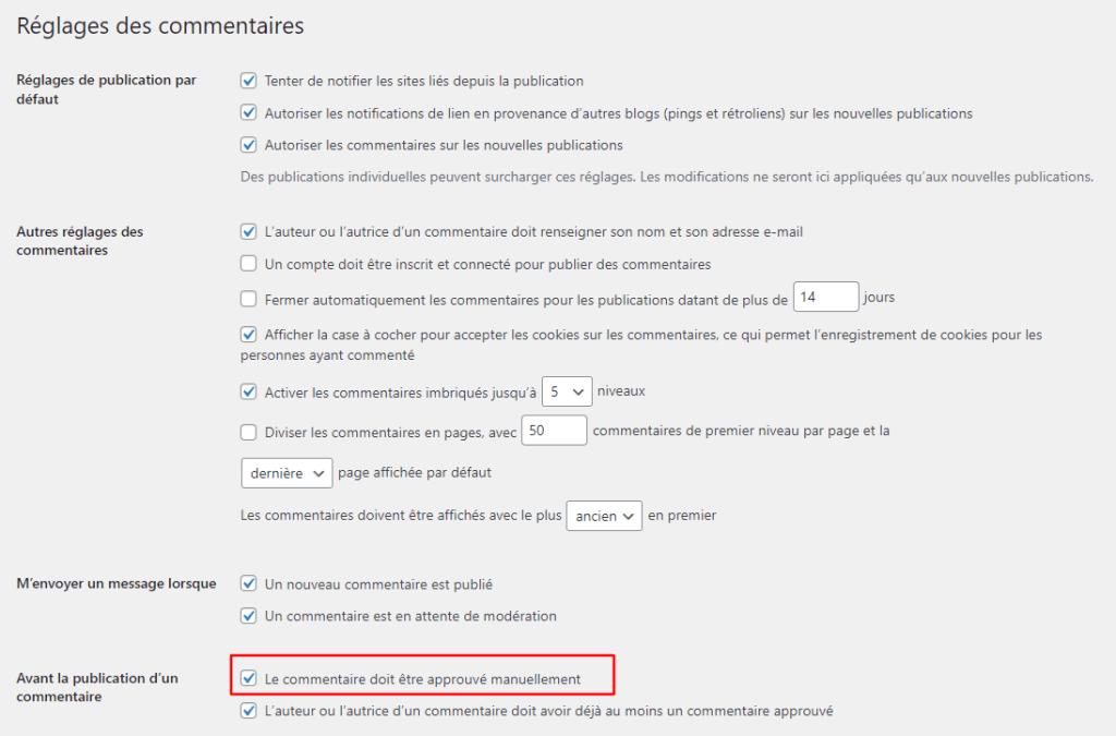 Réglages des commentaires WordPress