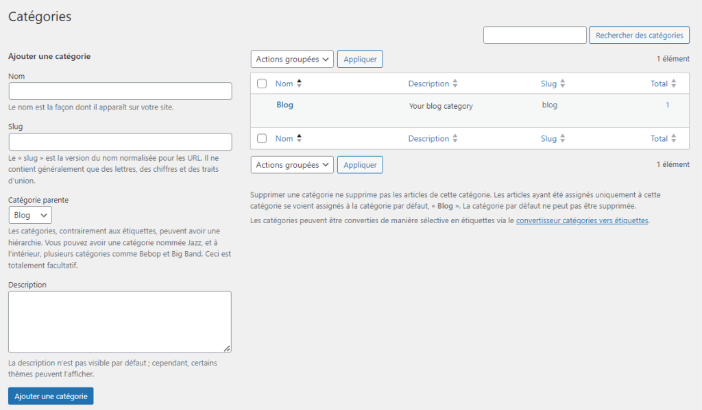 La section Catégories du tableau de bord de WordPress