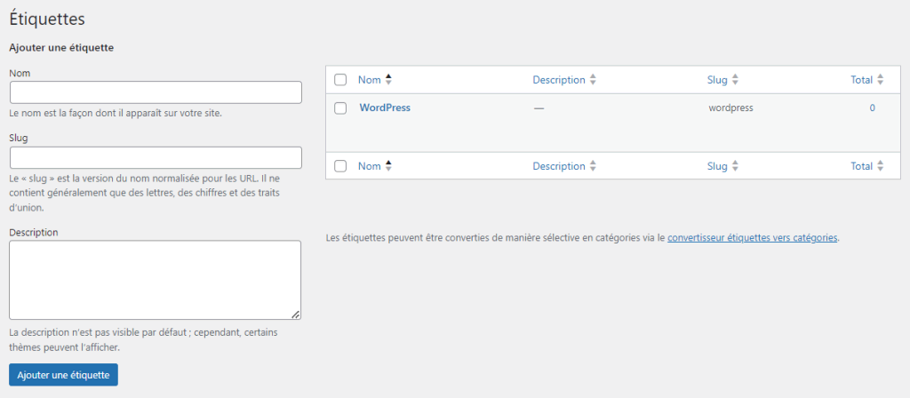 La section Étiquettes dans le tableau de bord de WordPress