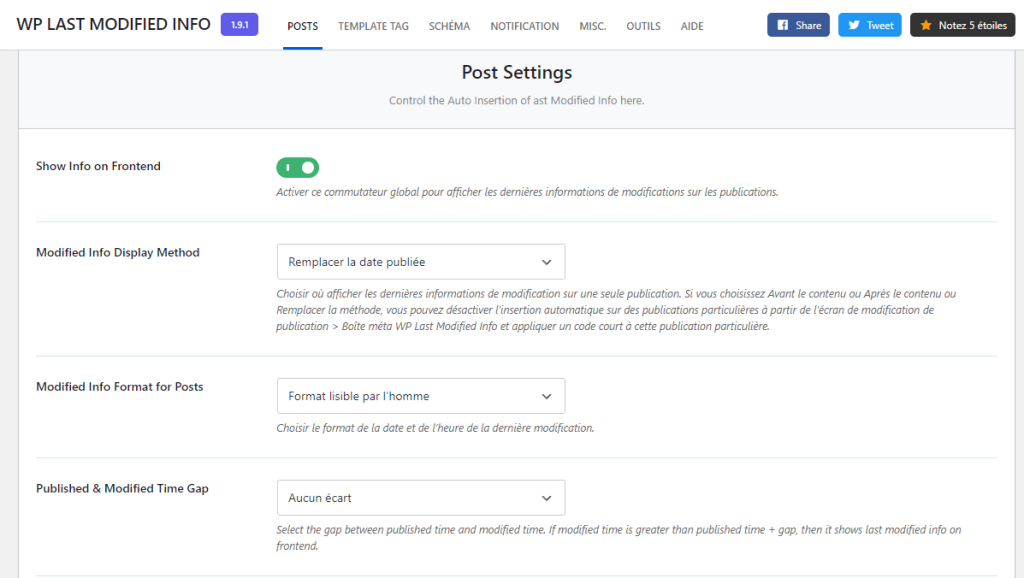 Page d'administration de WordPress, montrant le panneau de configuration du plugin WP Last Modified Info