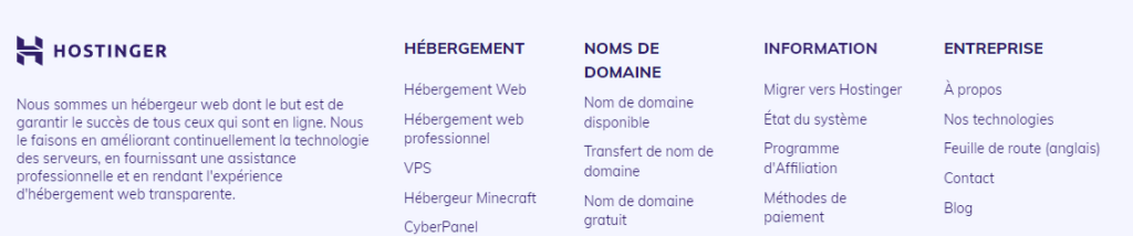 Le pied de page du site web d'Hostinger