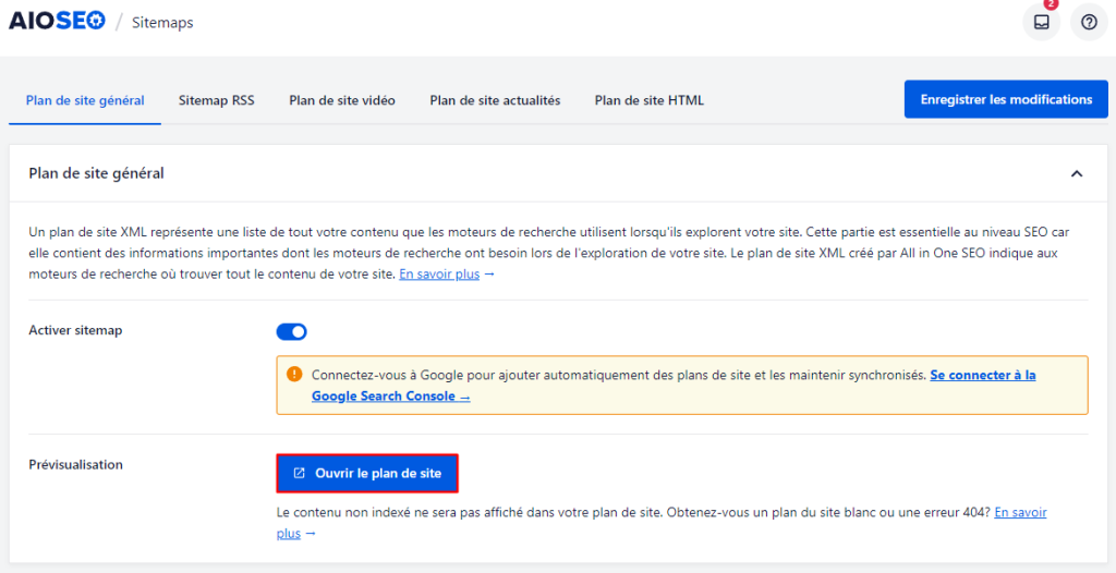 Les paramètres du plan du site général dans le tableau de bord AIOSEO