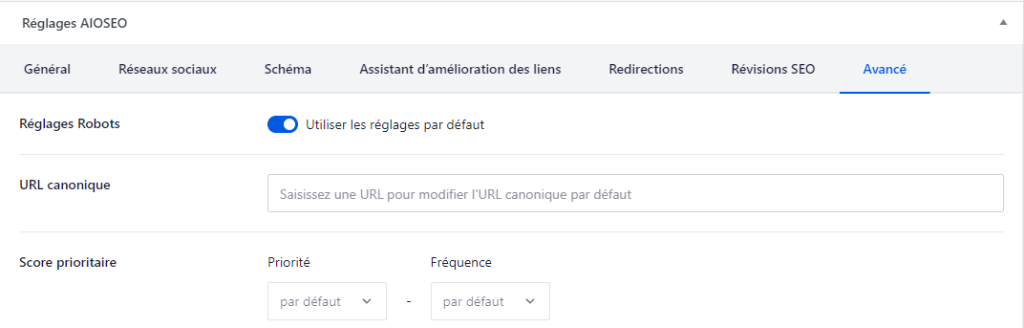 Le champ URL canonique dans l'onglet Avancé d'AIOSEO