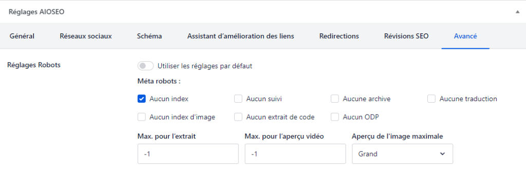 Les réglages robots dans AIOSEO