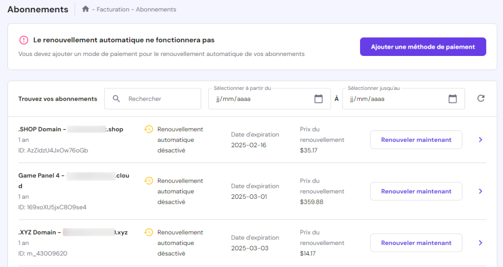 Renouvellement nom de domaine sur hpanel