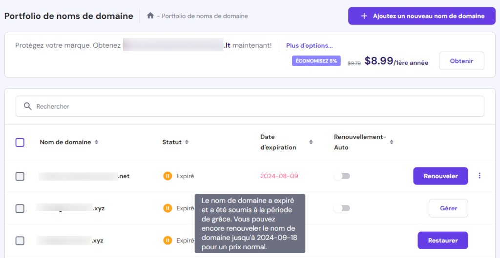 Page de gestion des domaines dans Hostinger, indiquant la date d'expiration d'un domaine et son statut dans la période de grâce