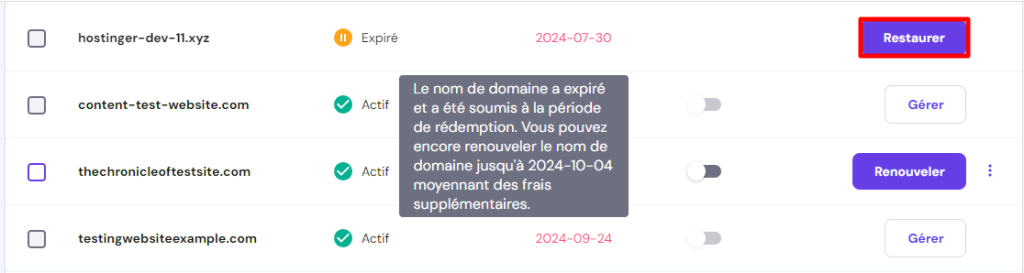 Page de gestion des domaines dans Hostinger, indiquant la date d'expiration d'un domaine et son statut dans la période de rédemption