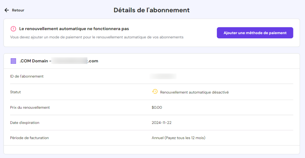 Détails de l'abonnement dans hPanel, où l'utilisateur peut ajouter une méthode de paiement et activer le renouvellement automatique du domaine