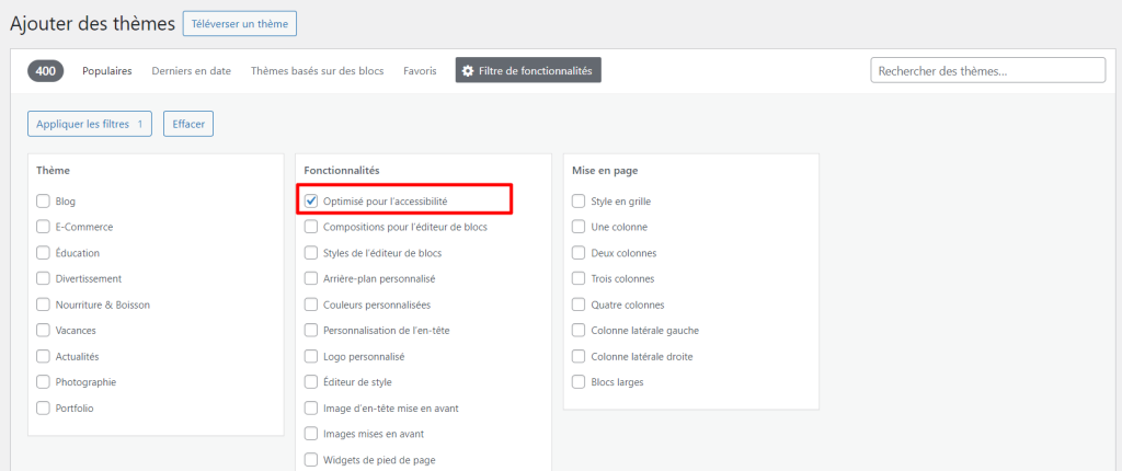 filtre choix pour trouver les thèmes wordpress adaptés à l'accessibilité