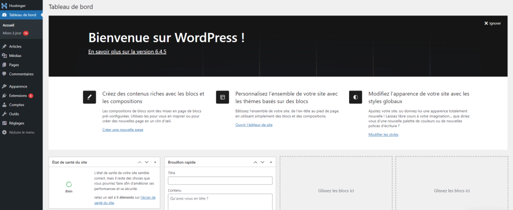 tableau de bord WordPress