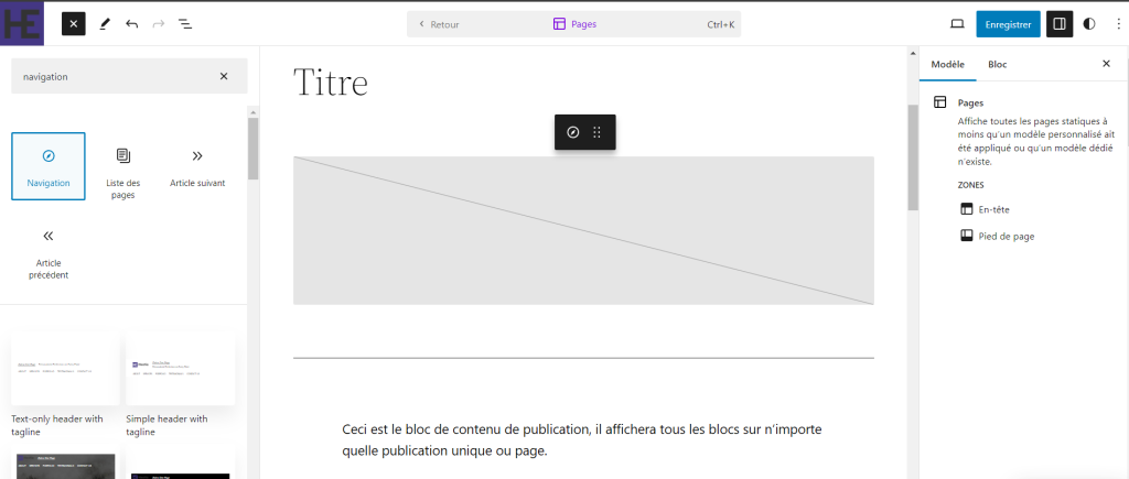 Le bloc Navigation dans l'éditeur de site WordPress