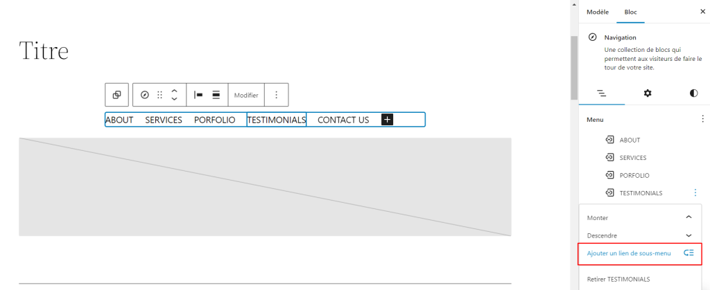 Le bouton Ajouter un lien de sous-menu dans les paramètres du bloc Navigation dans l'éditeur de site 