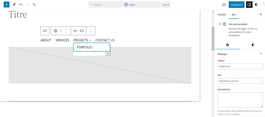 Réglages de l'élément de menu Portfolio dans l'éditeur de site 