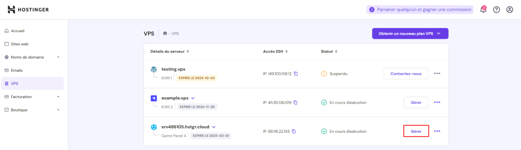 Le bouton Gérer du VPS sur hPanel