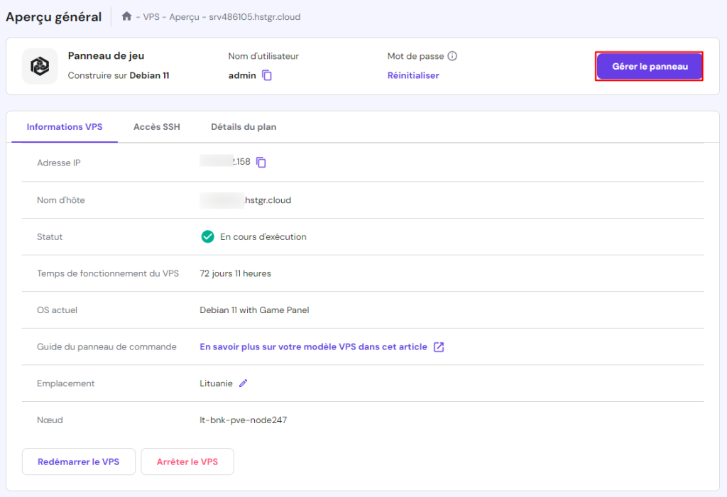 Le bouton Gérer le panneau dans l'hébergement de jeux de hPanel