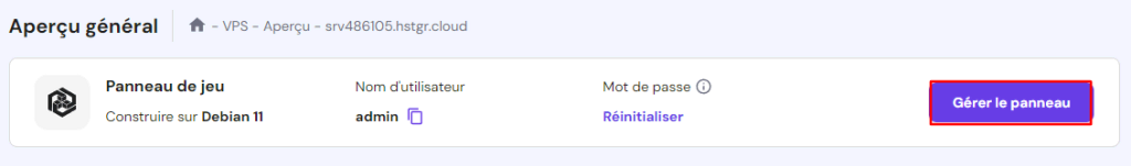 Bouton Gérer le panneau de jeu Hostinger