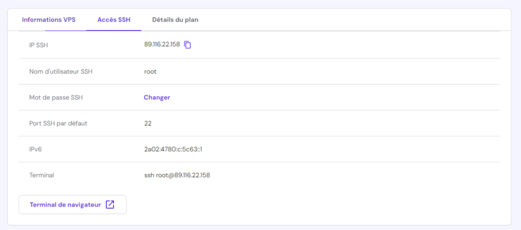 Informations sur l'accès SSH du VPS sur hPanel