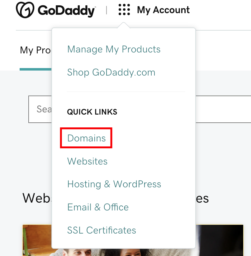 Aperçu du compte GoDaddy, le lien rapide vers les domaines est mis en évidence.