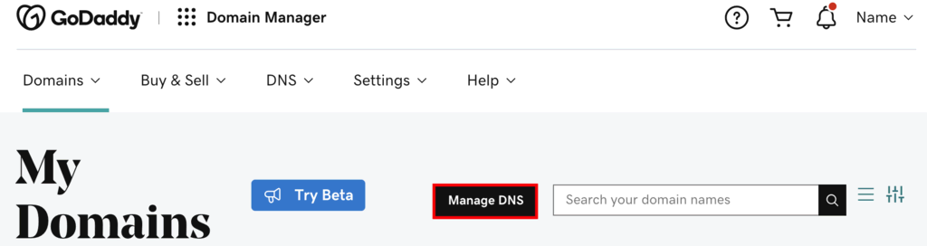 Vue du gestionnaire de domaine GoDaddy. Le bouton Gérer DNS est mis en évidence 