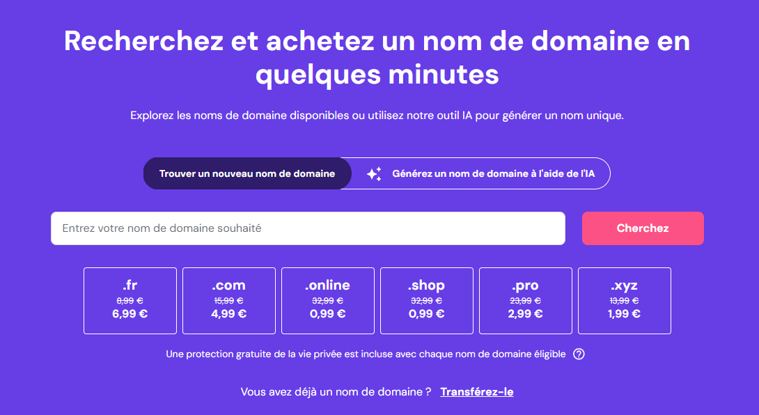 Landing page du vérificateur de nom de domaine d'Hostinger 