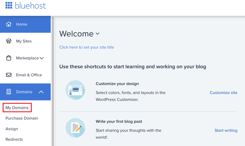La section Domaines sur le site web de Bluehost. Le bouton Mes domaines est mis en évidence 