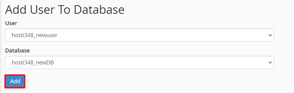 Fenêtre cPanel montrant comment ajouter les utilisateurs créés à la base de données
