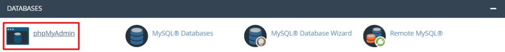 Fenêtre montrant les bases de données où vous pouvez choisir phpMyAdmin sur cPanel
