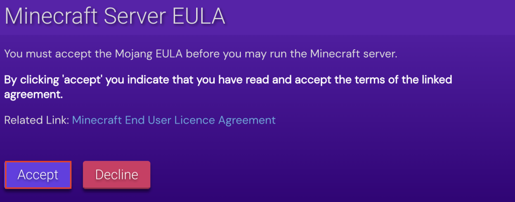 Fenêtre de l'accord EULA du serveur Minecraft sur hPanel 